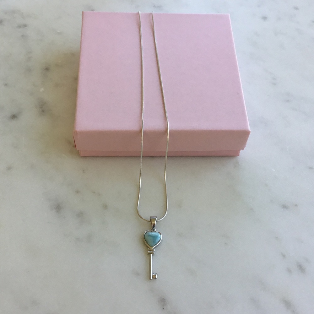Natural Larimar Key Sterling Silver Necklace - Picture 2 of 16